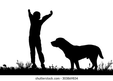Vector silhouette of a boy with a dog on a white background.