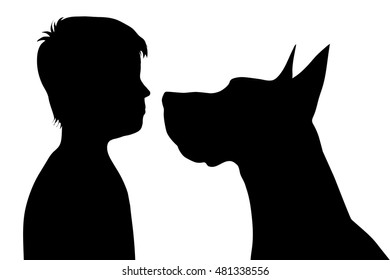 Vector silhouette of boy with dog on white background.