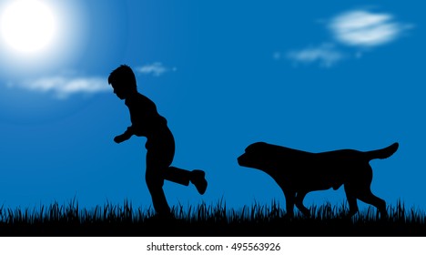 Vector silhouette of boy with dog on white background.