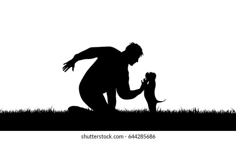 Vector silhouette of boy with dog on white background.