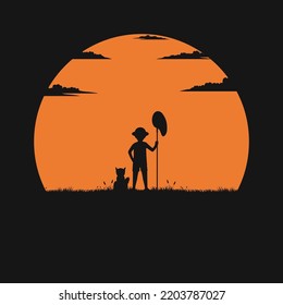 Vector silhouette of a boy with a dog at sunset. Nature background. friend, flat illustration design