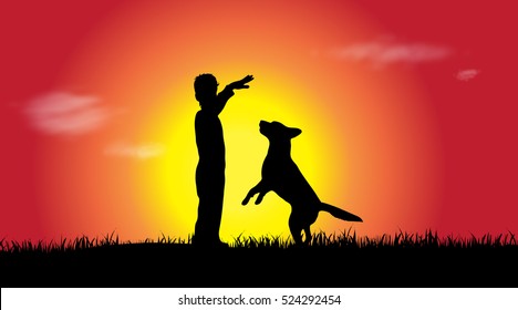 Vector silhouette of a boy with dog at sunset.