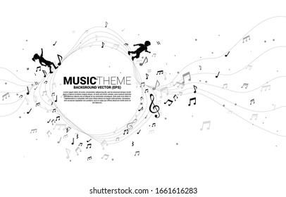 Vector silhouette of boy and girl running with dancing circle flow shape music note . Concept background  music for kid and children.