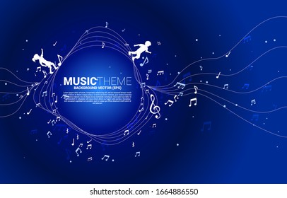 Vector silhouette of boy and girl running with dancing circle flow shape music note . Concept background  music for kid and children.