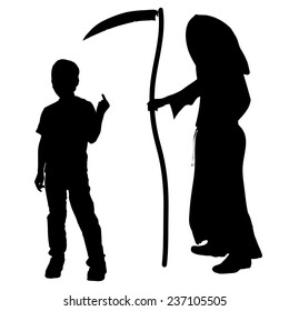 Vector silhouette of a boy with the Grim Reaper on a white background.