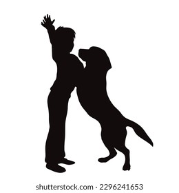 Silueta vectorial de niño con su perro feliz de fondo blanco. Símbolo de niñez y mascota.