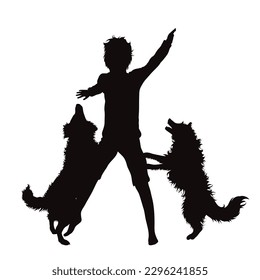 Vector silhouette of boy with his happy dogs on white background. Symbol of childhood and pet.