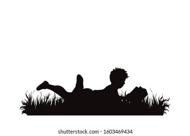 Vector silhouette of boy lying in the grass and reading book on white background. Symbol of child, infant, childhood, nature, park, garden.