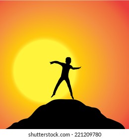 Vector silhouette of a boy in nature at sunset.