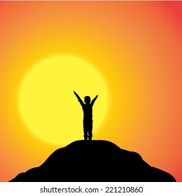 Vector silhouette of a boy in nature at sunset.