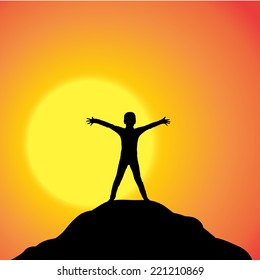 Vector silhouette of a boy in nature at sunset.
