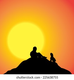 Vector silhouette of a boy in nature at sunset.