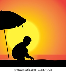 Vector silhouette of boy on beach at sunset. 