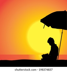 Vector silhouette of boy on beach at sunset. 