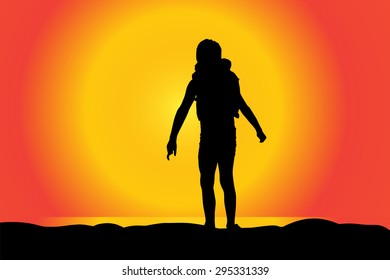Vector silhouette of boy on a beach at sunset.