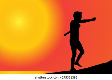 Vector silhouette of boy on a beach at sunset.