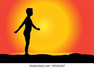 Vector silhouette of boy on a beach at sunset.