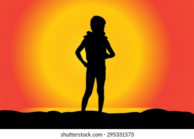 Vector silhouette of boy on a beach at sunset.