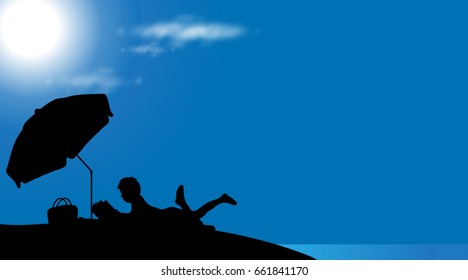 Vector silhouette of boy on the beach at sunny day.