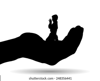 Vector silhouette of a boy on palm on white background.