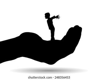 Vector silhouette of a boy on palm on white background.