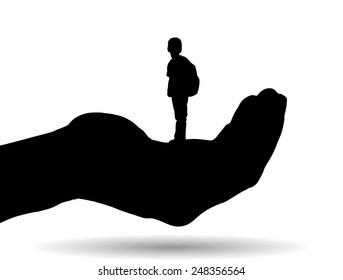 Vector silhouette of a boy on palm on white background.
