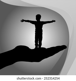 Vector silhouette of a boy on palm on white background.