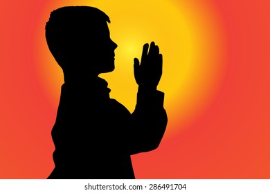 Vector silhouette of boy on sunset background.