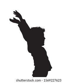 Vector silhouette of boy on white background. Symbol of child, childhood, school, infantile, profile, salute, wave.