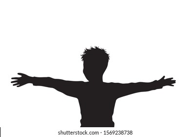 Vector silhouette of boy on white background. Symbol of child, childhood, school, infantile, profile, free.