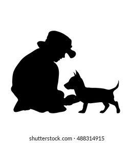 Vector silhouette of boy on white background.