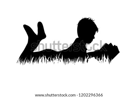 Vector silhouette of boy read book in the grass on white background.