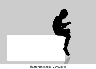 Vector silhouette of a boy with a sign for text.