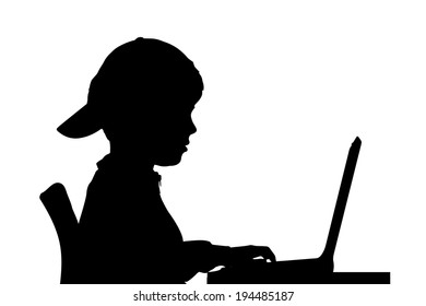 Vector silhouette of a boy sitting at a computer on a white background.