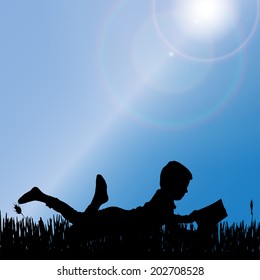 Vector silhouette of a boy sitting on the grass.
