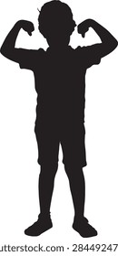 vector, silhouette of boy standing and flexing his biceps against a white background.