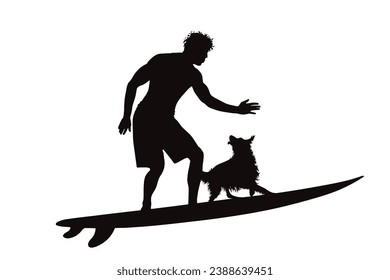 Vector silhouette of boy surfing with his dog on white background. Symbol of sport and pet.