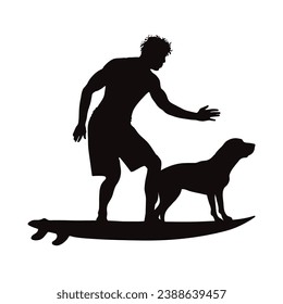Vector silhouette of boy surfing with his dog on white background. Symbol of sport and pet.