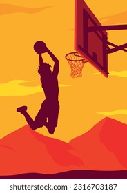 Vector silhouette of a boy throwing a ball in the basket on the background of mountains. A boy on an orange background plays basketball. A basketball player throws the ball into the basket.