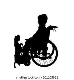 Vector silhouette of a boy in a wheelchair.