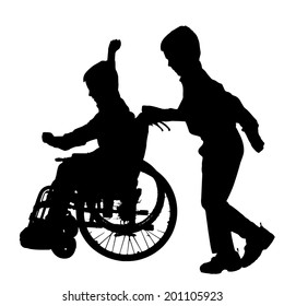 Vector silhouette of a boy in a wheelchair.