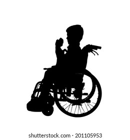Vector silhouette of a boy in a wheelchair.