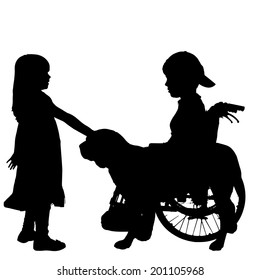 Vector silhouette of a boy in a wheelchair.