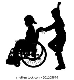 Vector silhouette of a boy in a wheelchair.