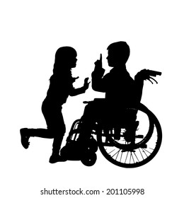 Vector silhouette of a boy in a wheelchair.