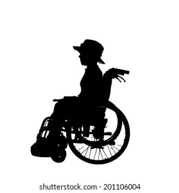 Vector silhouette of a boy in a wheelchair.