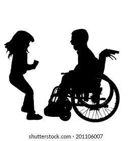 Vector silhouette of a boy in a wheelchair.