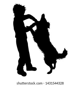 Vector silhouette of boy who beat dog. Animal abuse symbol.