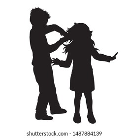 Vector silhouette of boy who bullying small girl on white background. Symbol of child, siblings, sister, brother, violence, annoy.