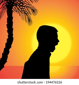 Vector silhouette of a boy who cries at sunset.